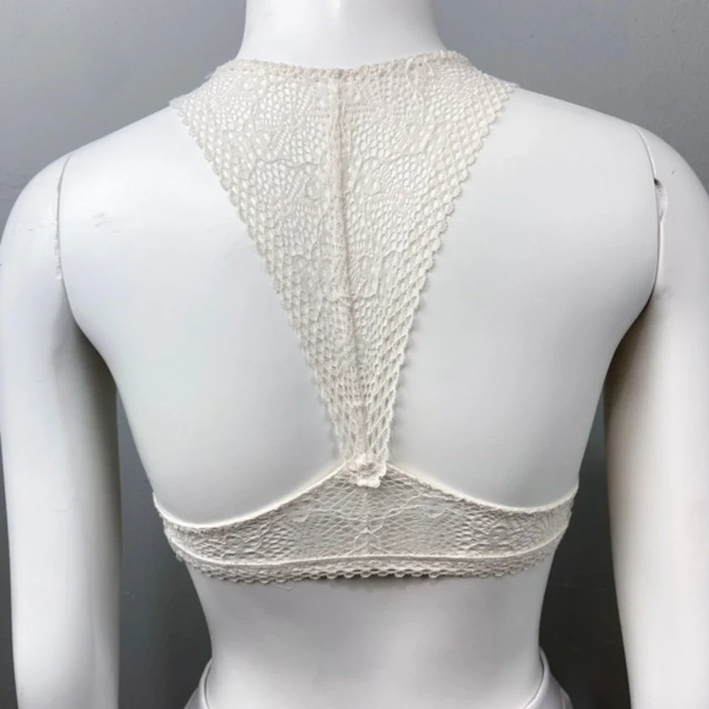 Victorias Secret Lace Trim Bralette Ivory White Size XS Racerback Crochet Halter